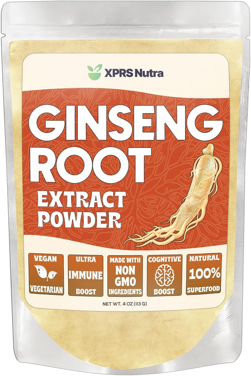 XPRS Nutra Ginseng Root Extract Powder - Ginseng Powder Supports Cognitive Function, Physical Performance, and Immune System - Vegan Friendly Panax Ginseng in Powder Form (4 Ounce)