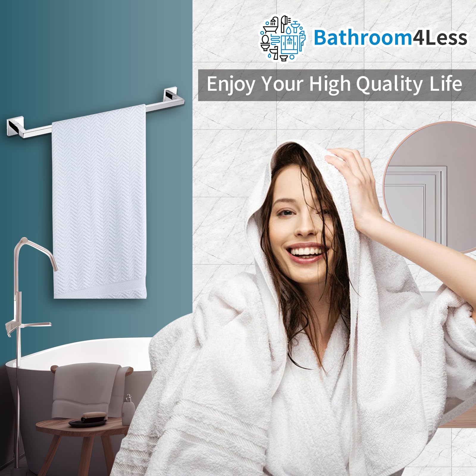 iBathUK Modern Wall Mounted Square Towel Rail Bar Stainless Steel 304 with Anti-Corrosive Zinc and Aluminium - Image 3