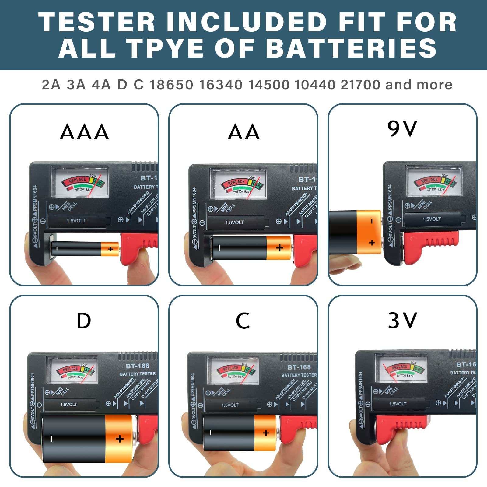 Kixda Batteriegehäuse, 250+ Steckplätze, große Organizer-Aufbewahrungsbox, Halterung für 2 A, 3 A, 4 A, C, D, 9 V, 3 V Lithium-Knopfbatterien (inklusive Tester, ohne Batterien)