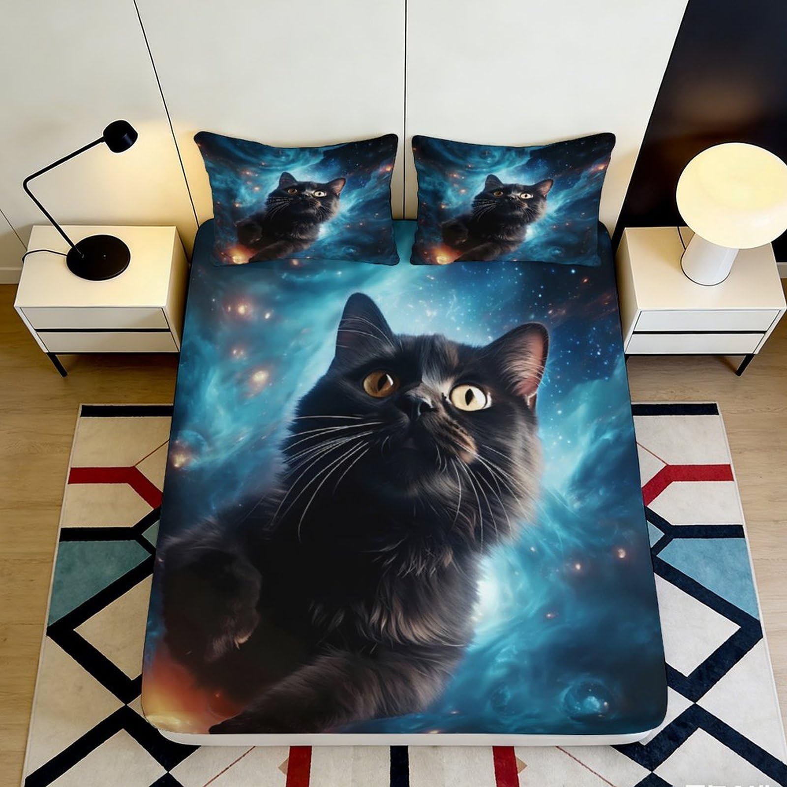 3D Printed Galaxy Cat Fitted Sheet Microfiber Soft Bedroom Cosmic Nebula Mattress Cover for Home Dorm Decor 200x200x25cm
