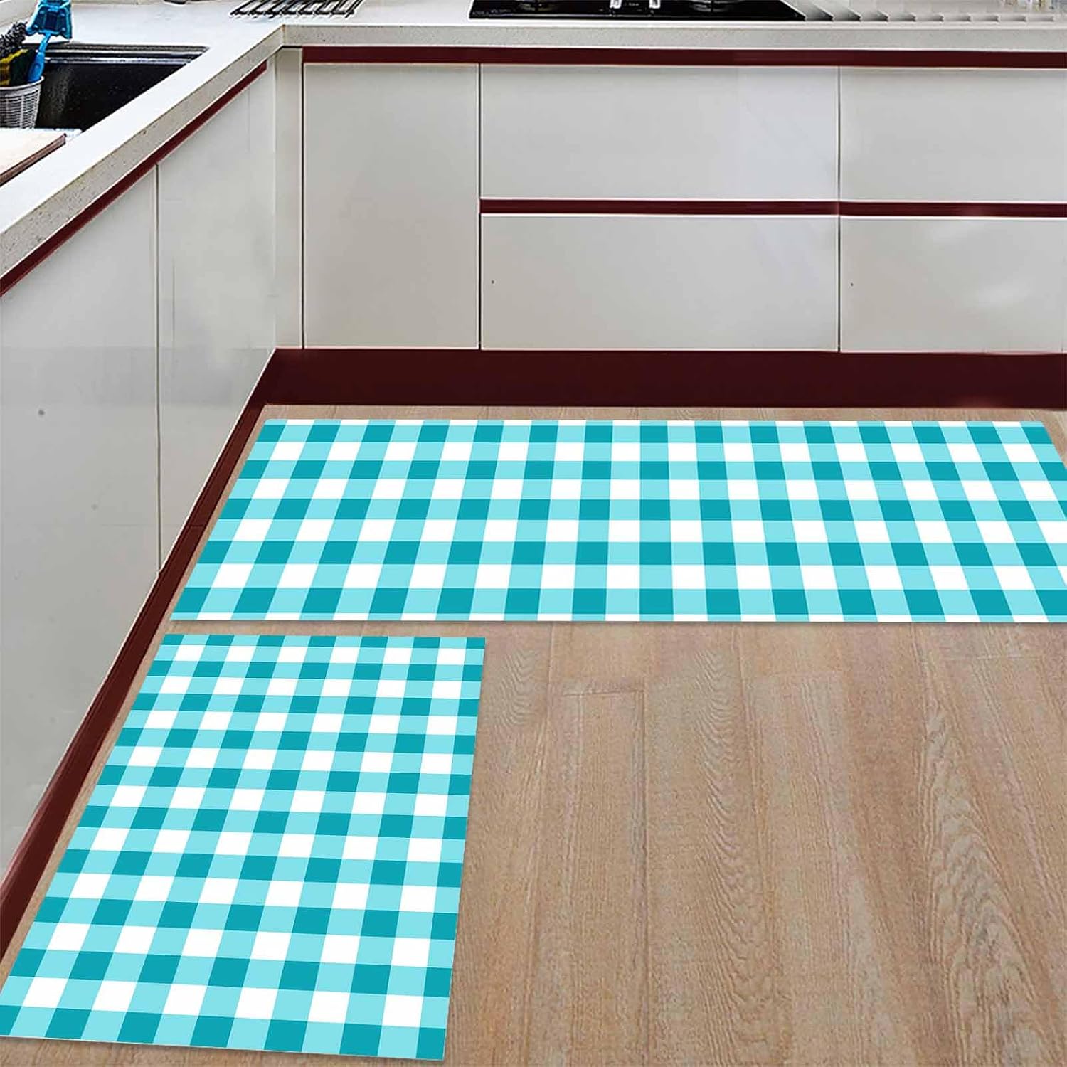 Kitchen Rugs and Mats 2 Pieces Turquoise Buffalo Plaid Runner Rug Sets Check Lines Soft Comfort Standing Kitchen Mats for Floor Absorbent Area Rugs Carpet Non Slip Cushioned Doormat