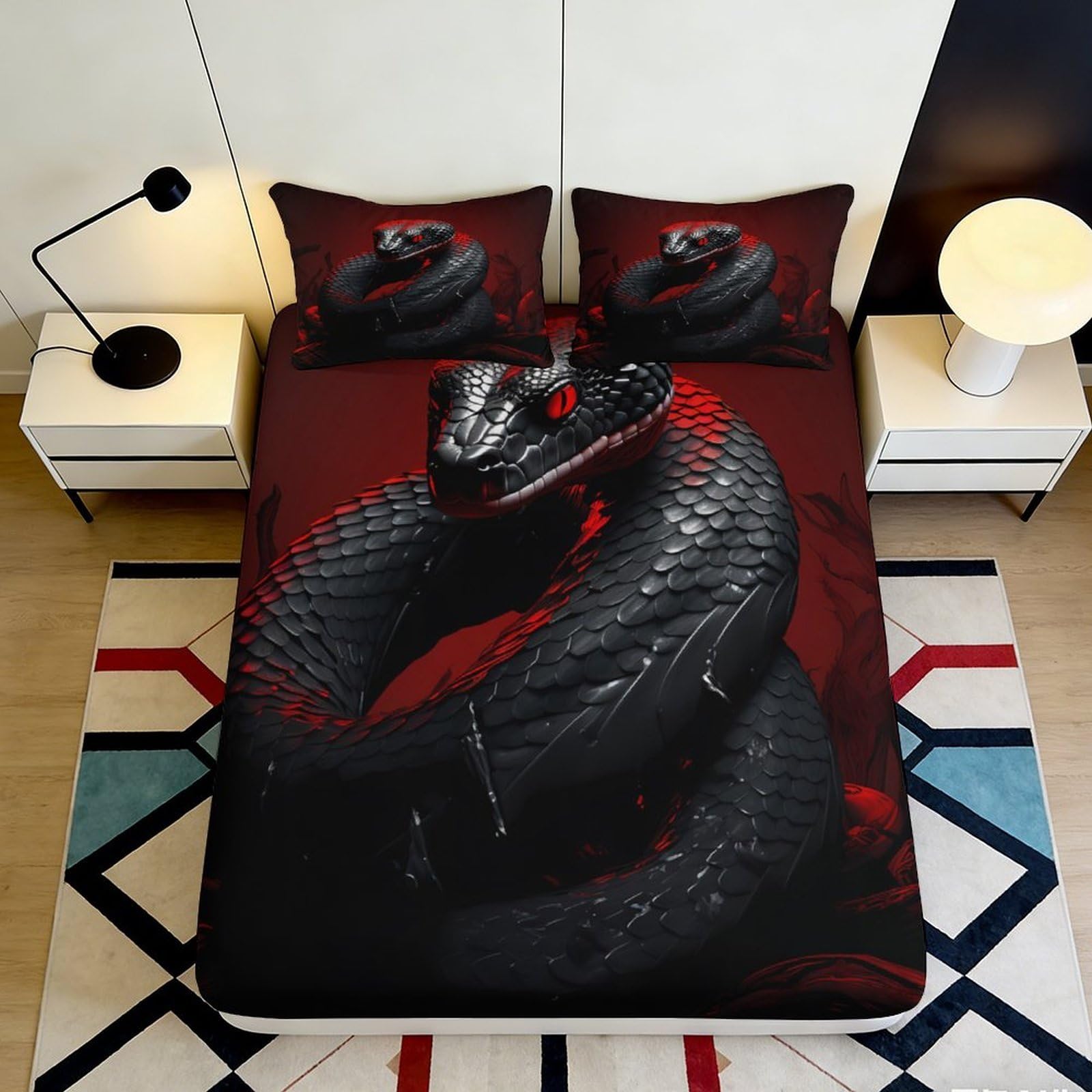 3D Printed Black Snake Fitted Sheet Microfiber Soft Breathable Red Serpent Mattress Cover for Bedroom Dorm Decor 90x200x25cm