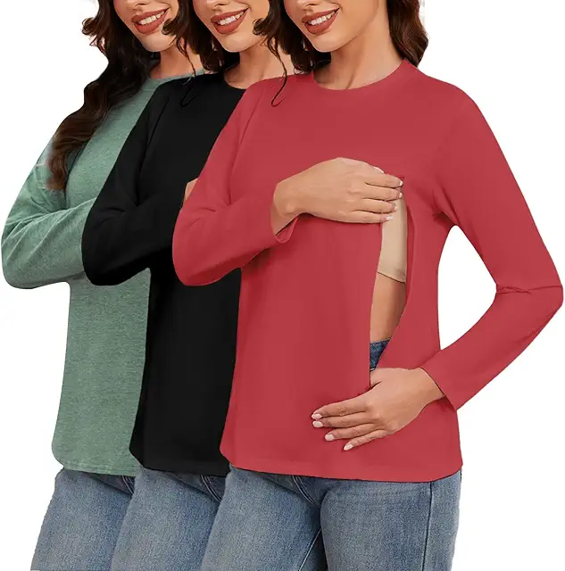 3er Pack Damen Langarm Stillshirt mit Reißverschluss - Pullover Stillen
