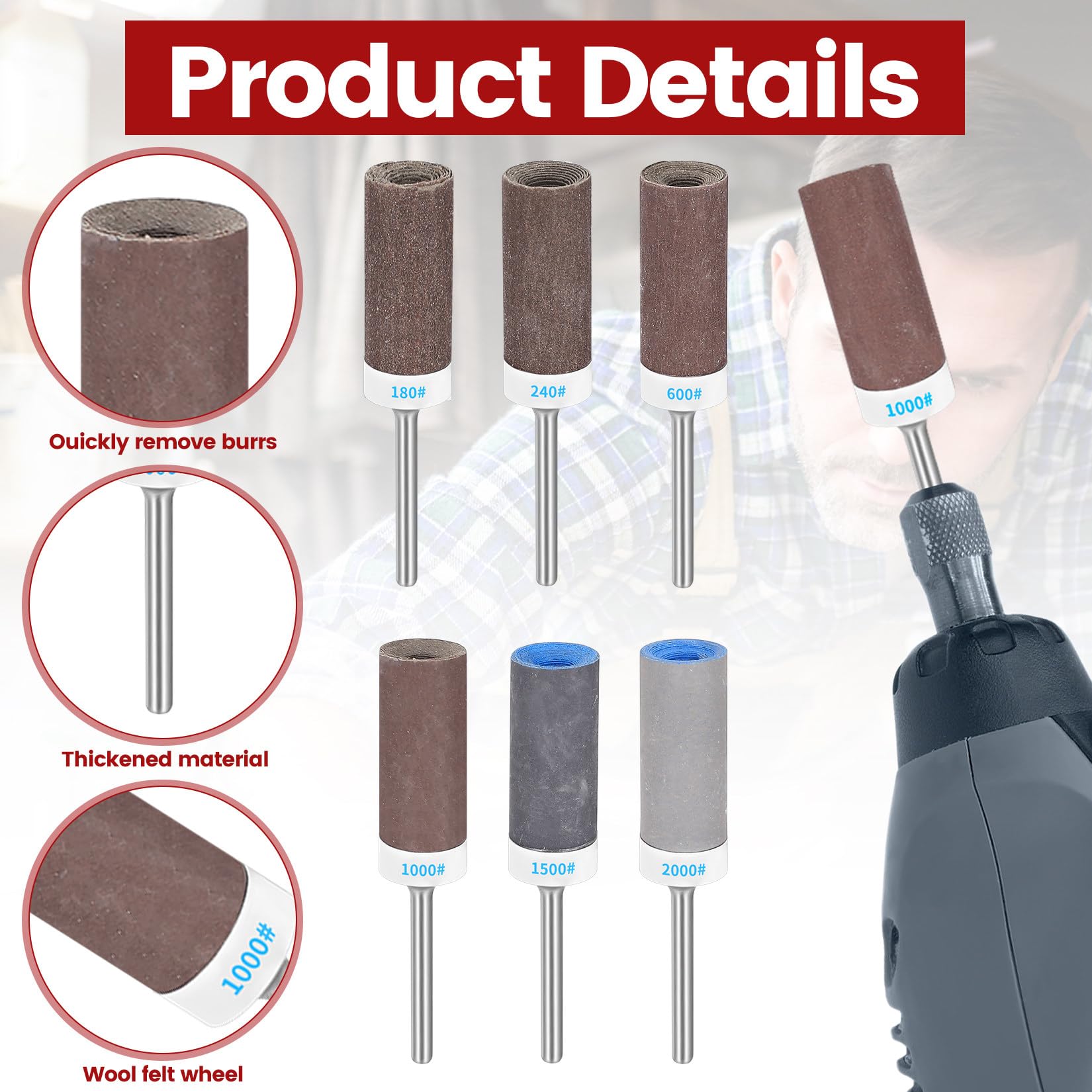 25 Pz Tamburi Abrasivi Manicotti per Dremel Utensili Rotativi, Carta Vetrata Tamburo per Levigatura e Lucidatura Accessorio, Grana 180/240/600/1000/1500/2000, con Albero da 3 mm