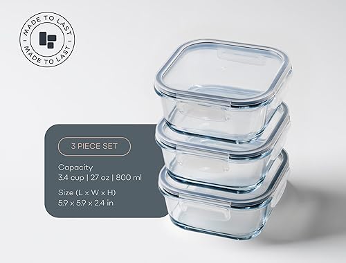 Miniatura 5 de Recipientes de vidrio para almacenamiento de alimentos, juego de 3 unidades, cuadrados de 27 onzas, 3.4 tazas, tapa hermética a prueba de fugas,