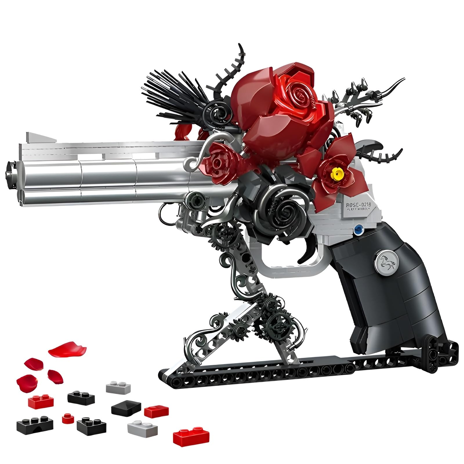 Revolver Building Blocks Set with Roses, 631 PCS Pistol Model Collection Toy, Creative Mechanical Gun Building Bricks Kit, Simulation Militarily Toy Lovers for Teens & Adults Gifts Home Decor