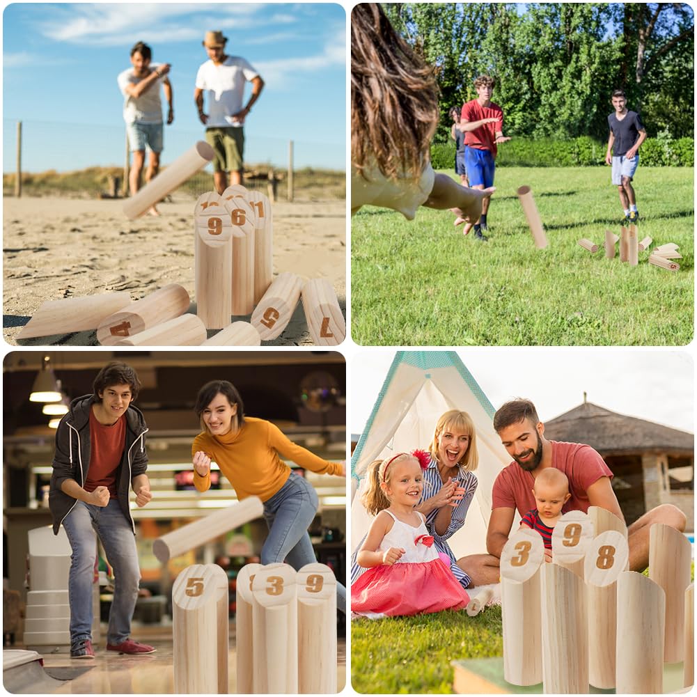 OSDUE 16 Pièces Jeu de Quilles Nordique, Jeu de Plein air Beige Bois Jeux de Plein air pour Adultes Jardin, Pique-Nique, Plage, Fête