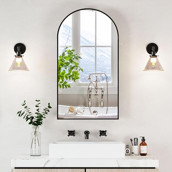 Black Bathroom Mirror Cabinet,Surface Mount Arched Mirrored Cabinets Bath Wall,Large Arch Mirrored Cabinets Wall Mounted,Bathroom Mirror with Storage 50x90 cm