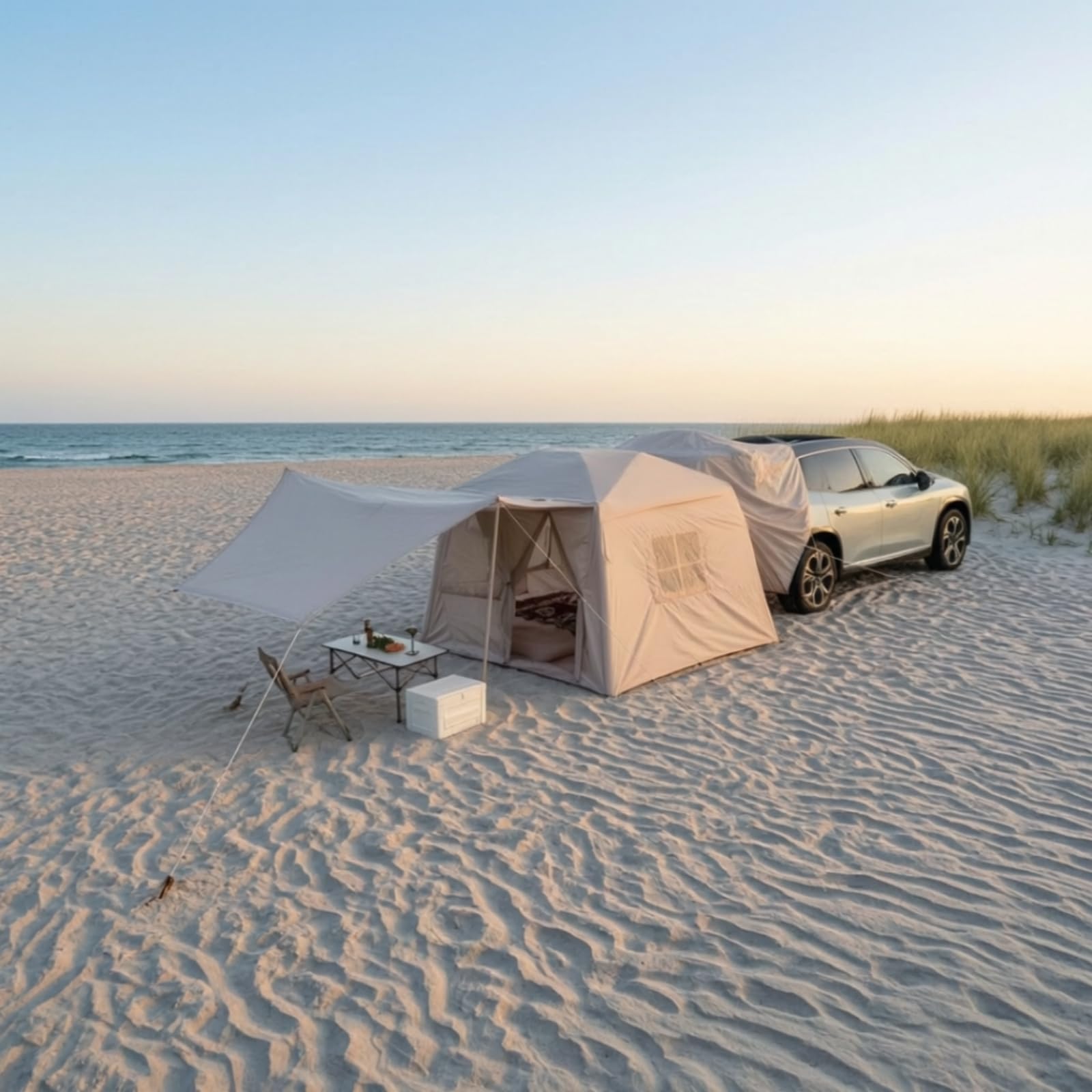 Aufblasbares Autovorzeltdach Autozelt Heckzelt Fahrzeugzelt mit Stabilem PVC Luftsystem Und Nahtdichtem Anschluss für Camping Wanderpause