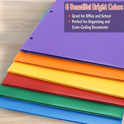 Miniatura 3 de Paquete de 6 carpetas de plástico con bolsillos, 3 agujeros perforados, resistentes con 3 agujeros perforados para carpetas de 3 anillas, carpetas