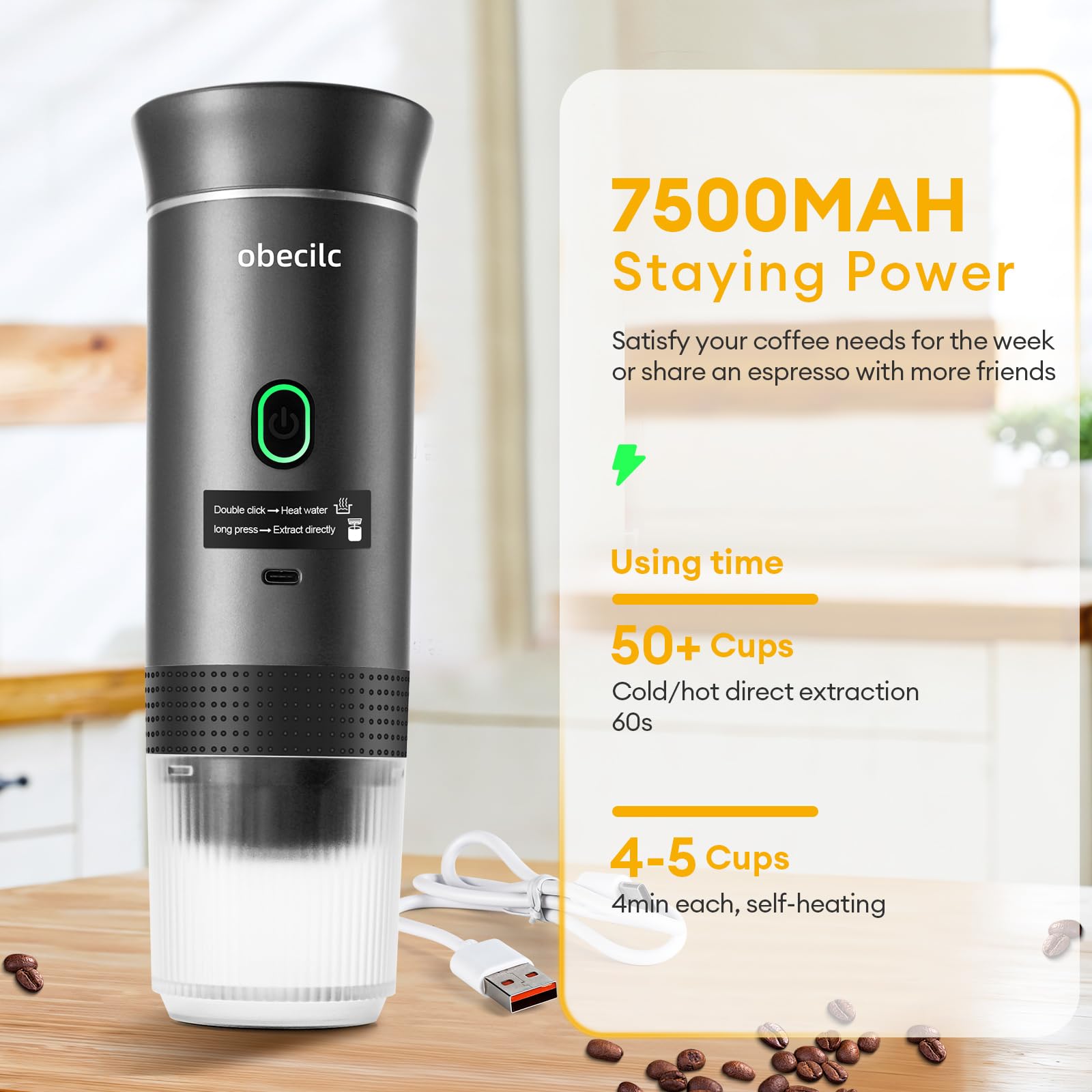 Macchina da caffè portatile da viaggio, macchina per caffè espresso portatile da 20 bar con USB, macchina da caffè da viaggio autoriscaldante, compatibile con caffè macinato e capsule, per