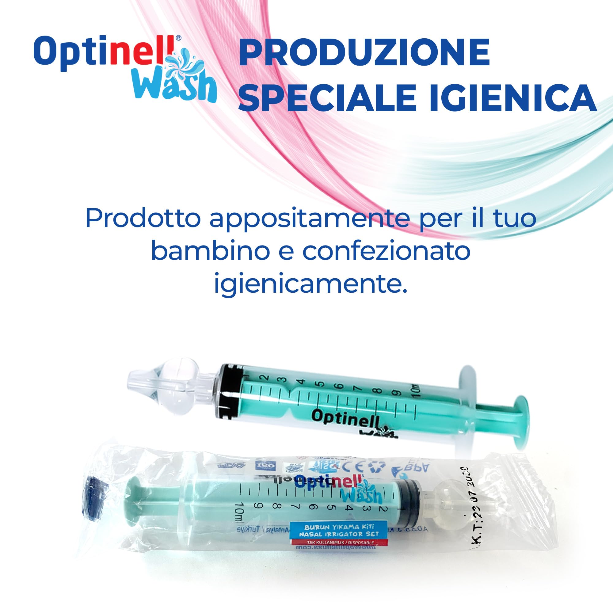 Optinell Wash – Siringa per Lavaggi Nasali Bambini 10ml con Beccuccio in Silicone Morbido | Kit Lavaggio Nasale per Neonato e Bambino | Senza BPA, Riutilizzabile, Igienico (2 Pezzi)