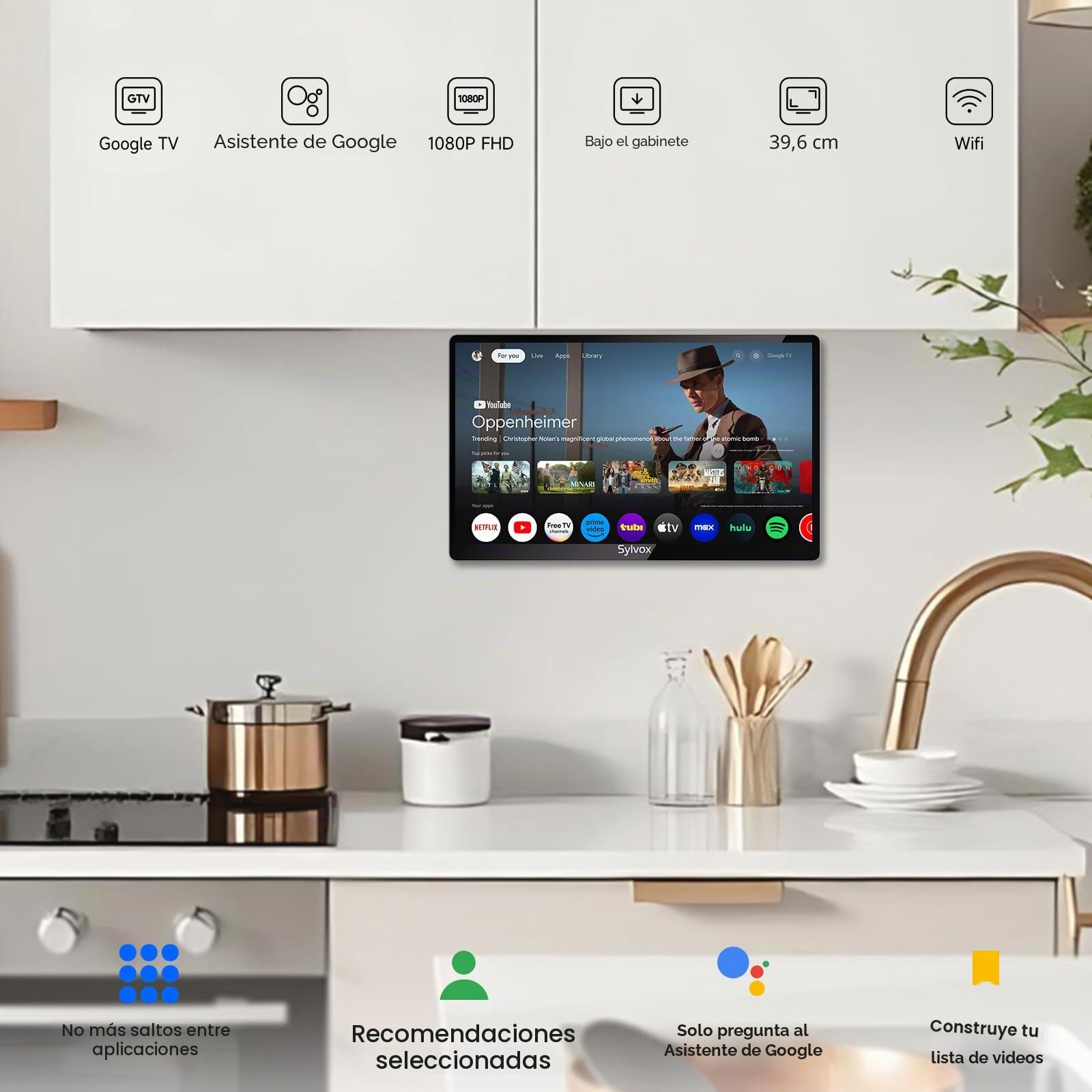 SYLVOX Televisor de Cocina, Mini Smart TV de 15.6 Pulgadas, 1080P Full HD Bajo Armario con Google TV y Sintonizador DVB-C/T2/S2, Televisor Compacto de 12V para Cocina, Habitación Infantil y Lavandería
