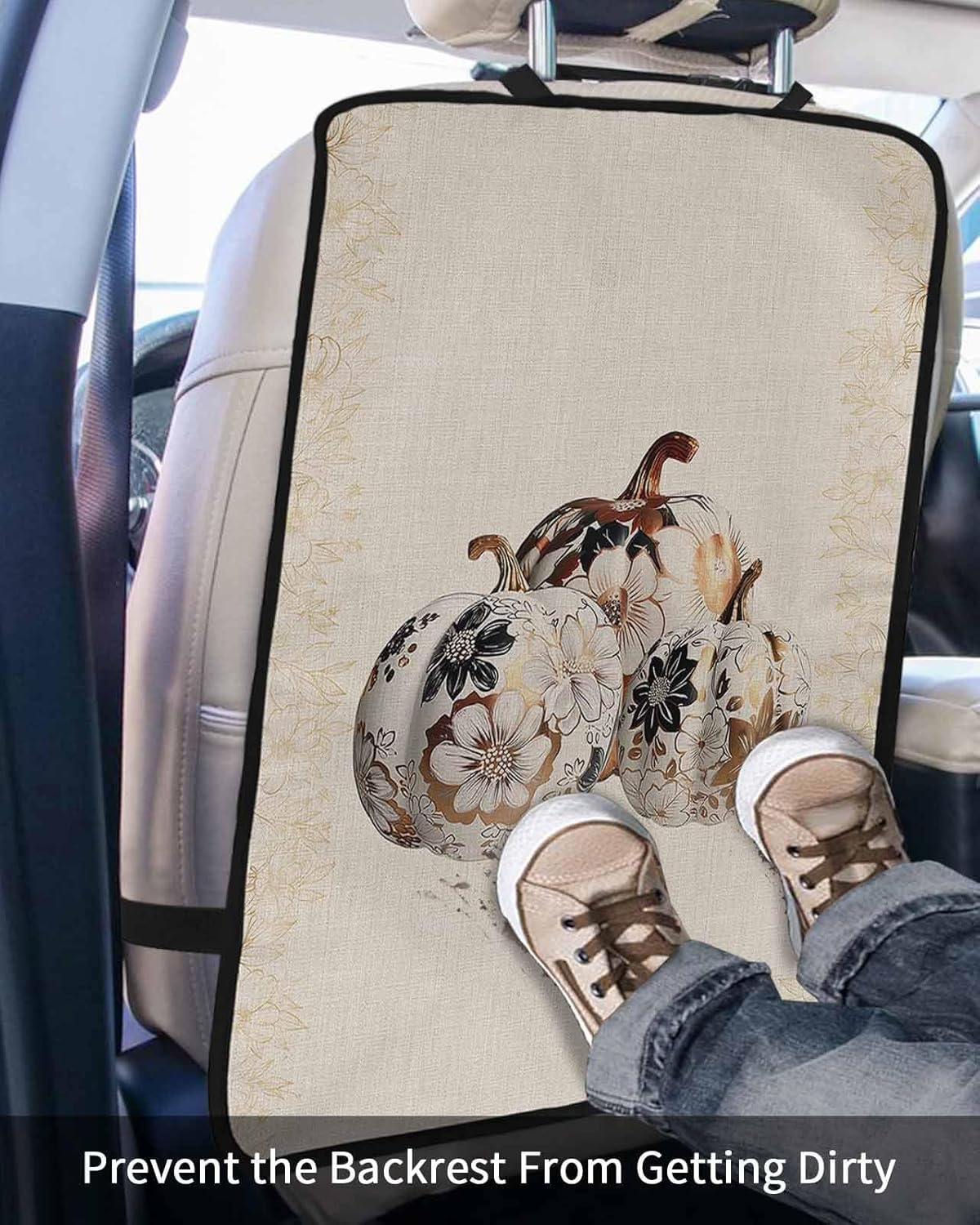 Car Seat Protector, 2 Pack Kick Mats Back Seat Protector Fall Thanksgiving Pumpkin Rustic Floral Botanical Leaves Linen Waterproof Backseat Cover for Kids Universal Fit Automotive Interior Protectors