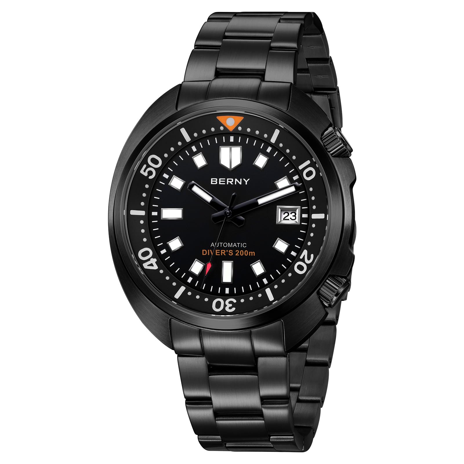BERNY Reloj Automático Hombre Reloj De Buceo Todo Negro 200M Resistente Al Agua Reloj Analógico Mecánico De Pulsera Masculino con Fecha Super Luminosa Correa De Fluoroelastómero