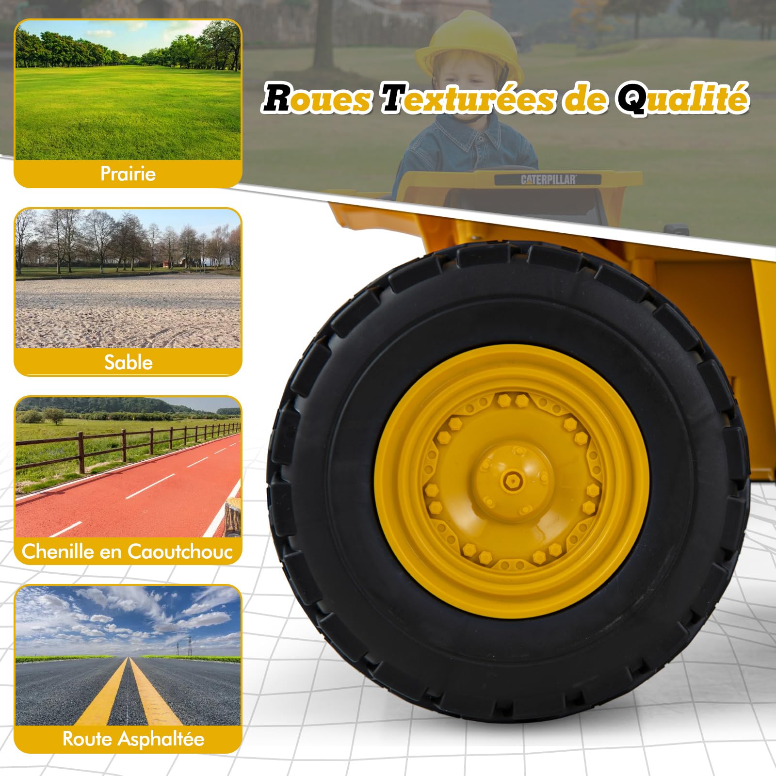 COSTWAY 12V Camion Électrique Caterpillar Enfant avec Pelle à Sable & Benne Basculante, Voiture Électrique avec Musique & Lumières, Télécommande & Pédale, 3-4KM/H, Charge 30kg pour 3-6 Ans