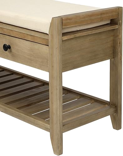 Miniatura 7 de Banco de almacenamiento clásico de 39 pulgadas con 2 cajones y perillas negras, zapatero de madera con asiento acolchado y estante inferior para