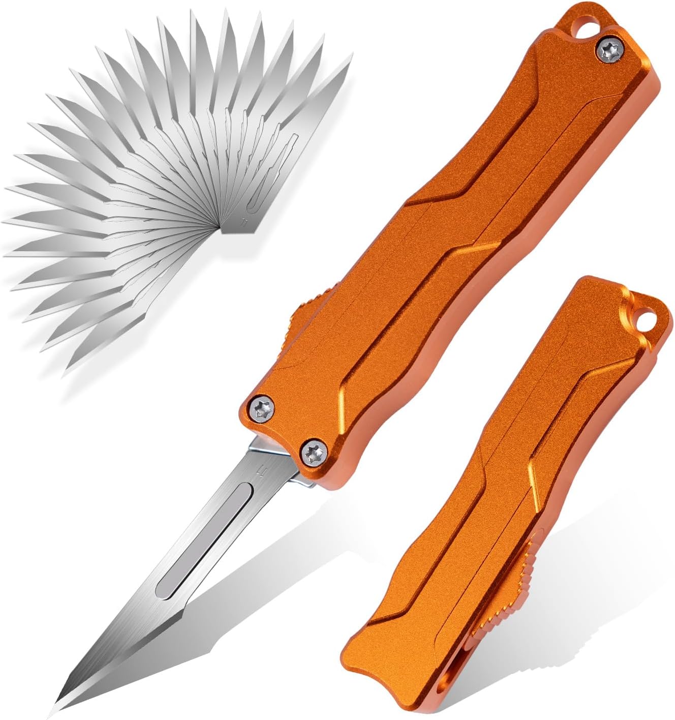 XXOK Small Utility knife Push Button EDC Lightweight Portable Scalpel Pocket Knife with 20PCS#11 blades Works Well for Cutting Boxes Plastic Packaging Orange