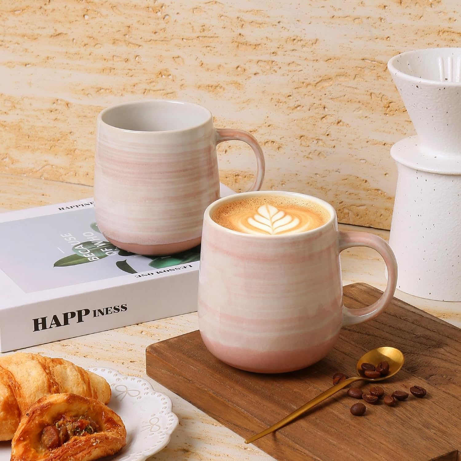 Coffee Mugs, Set of 4 Pink Ceramic Mugs with Subtle Stripe Texture - 12oz Cups, Microwave & Dishwasher Safe, Modern Minimalist Design for Home, Office, Gift Giving