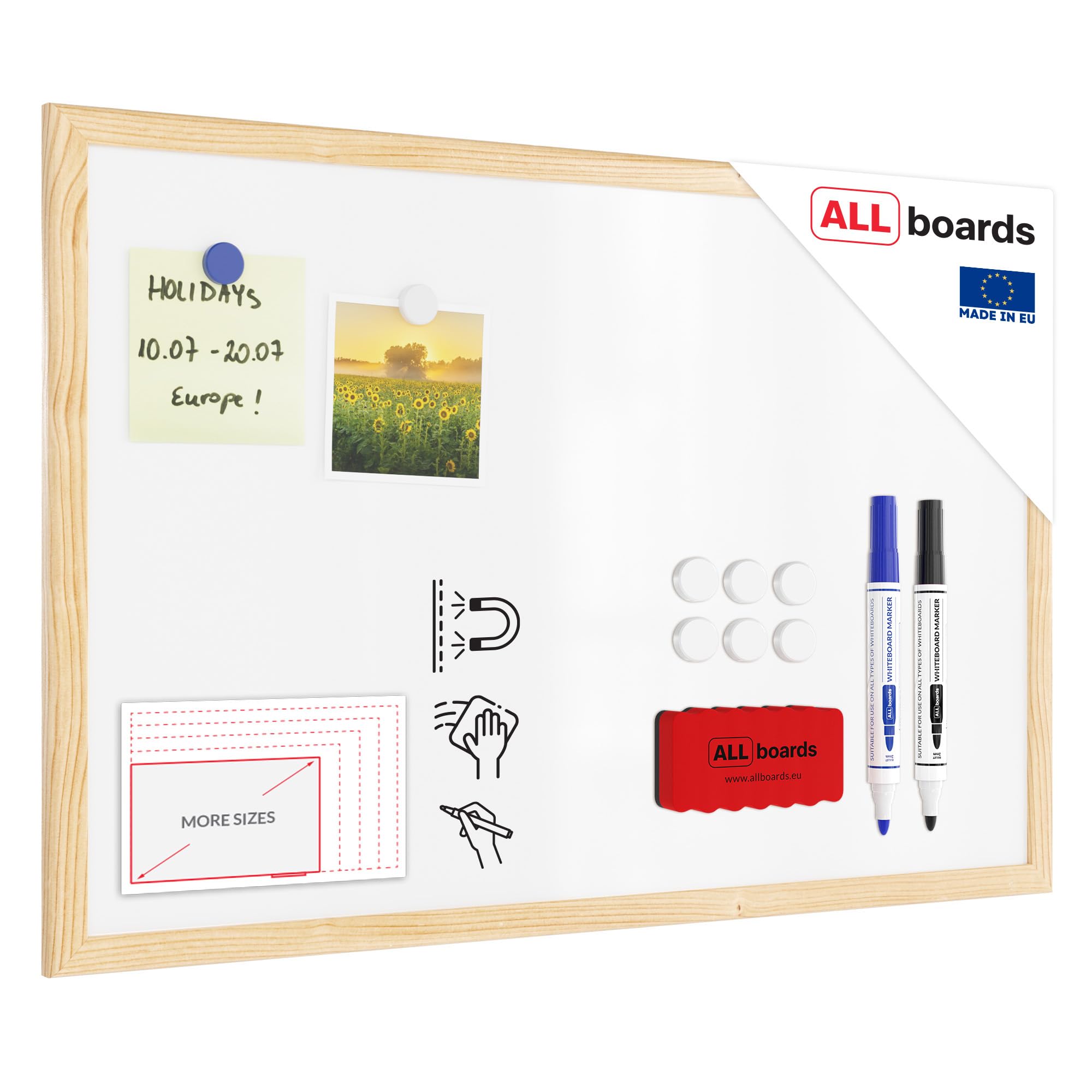ALLboards Whiteboard with Wooden Frame 60x40cm, Magnetic Board Dry Wipe Dry Erase