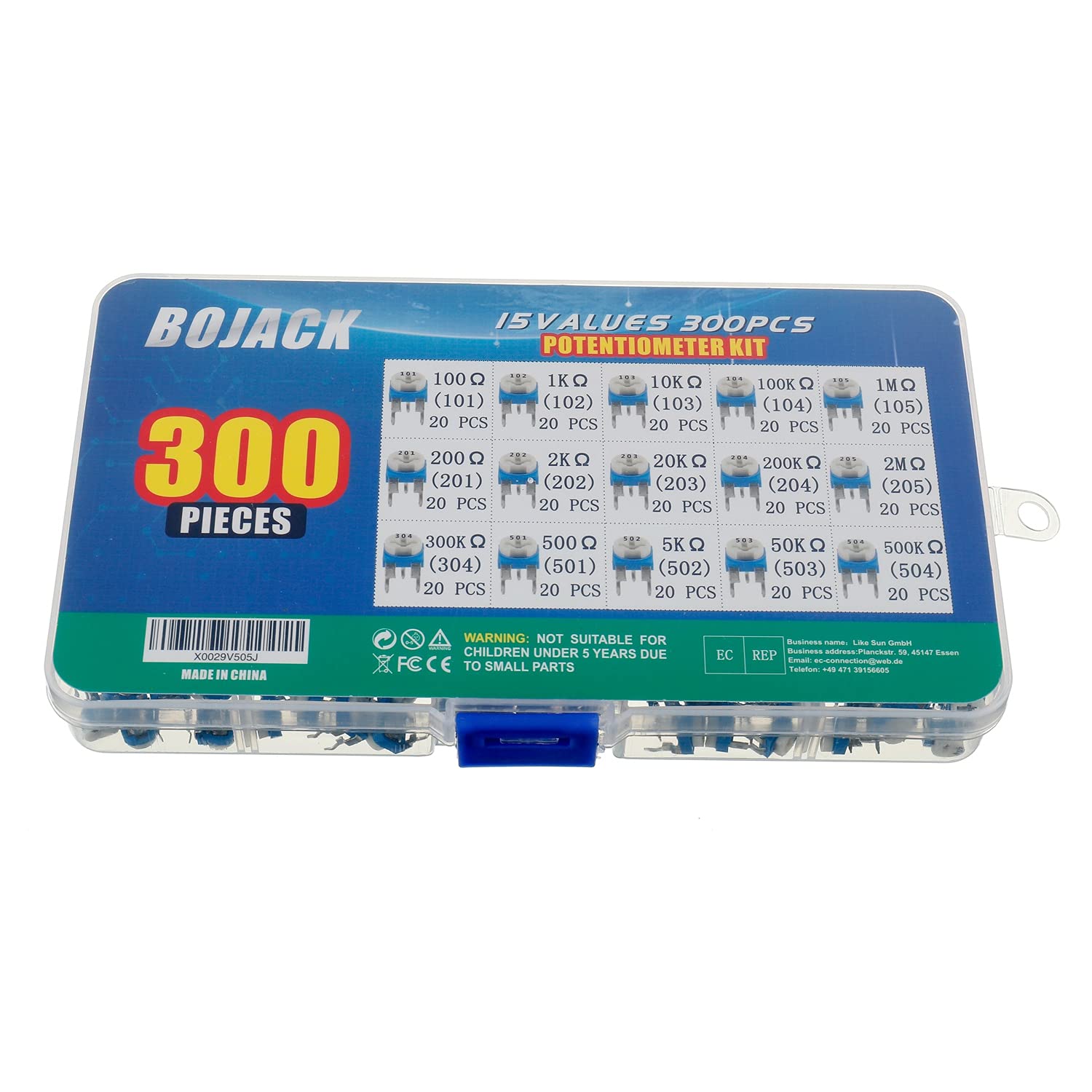 BOJACK 15 Values 300 pcs 100 Ohm- 2M Ohm Variable Resistor 6mm Potentiometer Assortment Kit packag in a Clear Plastic Box