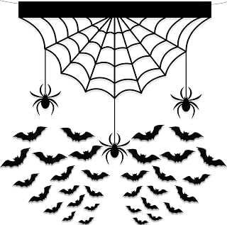 Halloween Felt Spider Web 3D Bats Wall Decor, Halloween Decorations with 48pcs 4 Sizes Scary Bat Decorations Halloween Decoration Stickers for Home Decor Waterproof Black Spooky Bats