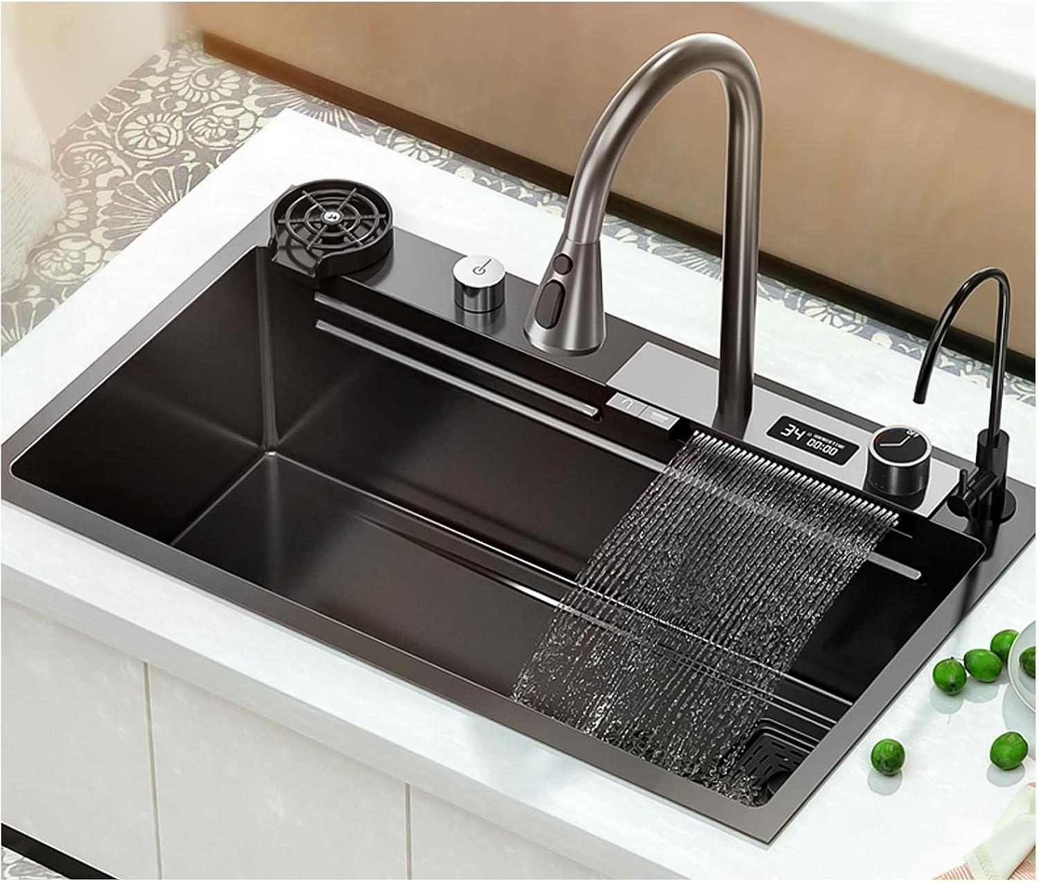 Stainless Steel Kitchen Sink, Waterfall Faucet Dish Sink, Kitchen Sink Set with Built-in Cup Washer, Suitable for Bar, Rv