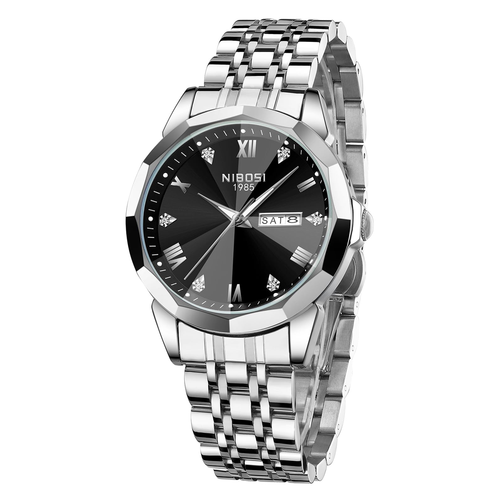 NIBOSI Mens Watch Analog Quartz Wrist Watch for Men Business Waterproof Blue Diamond Casual Boy Watch with Stainless Steel Strap Day-Date (A02 Silver Black) (B0D8PDPMDS) Amazon Price History, Amazon Price Tracker