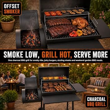Charcoal BBQ Grill Offset Smoker: Large Coal Barbecue Barrel Drum Grills With Built-In Thermometer, Warming Rack, Air Vents for Outdoor and Garden