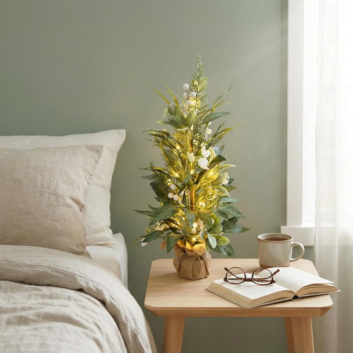 Lighted Spring Summer Artificial Eucalyptus Tabletop Tree with 20 LEDs and Timer Artificial Gypsophila and Magnolia Plant for Spring Summer Decor Office Decoration Mantel and Table Centerpiece