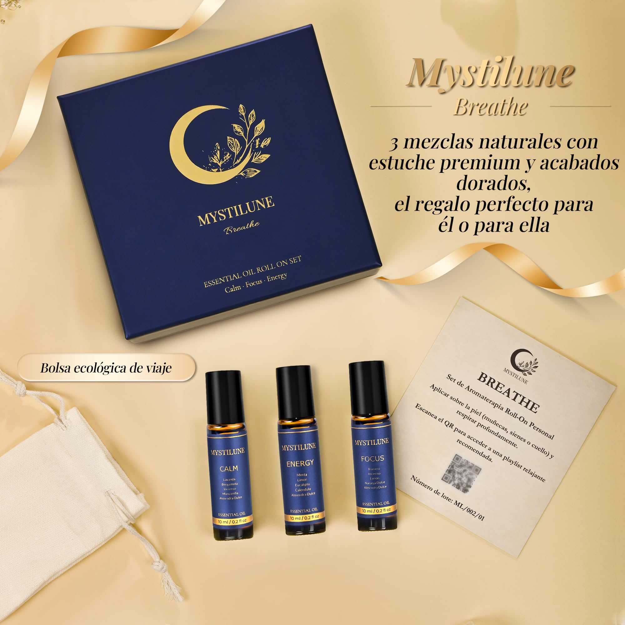 Breathe Roll On Aceites Esenciales – Calm, Focus Y Energy | Aromaterapia Natural 100% Vegana Con Pouch Premium | Regalos Originales para Mujer
