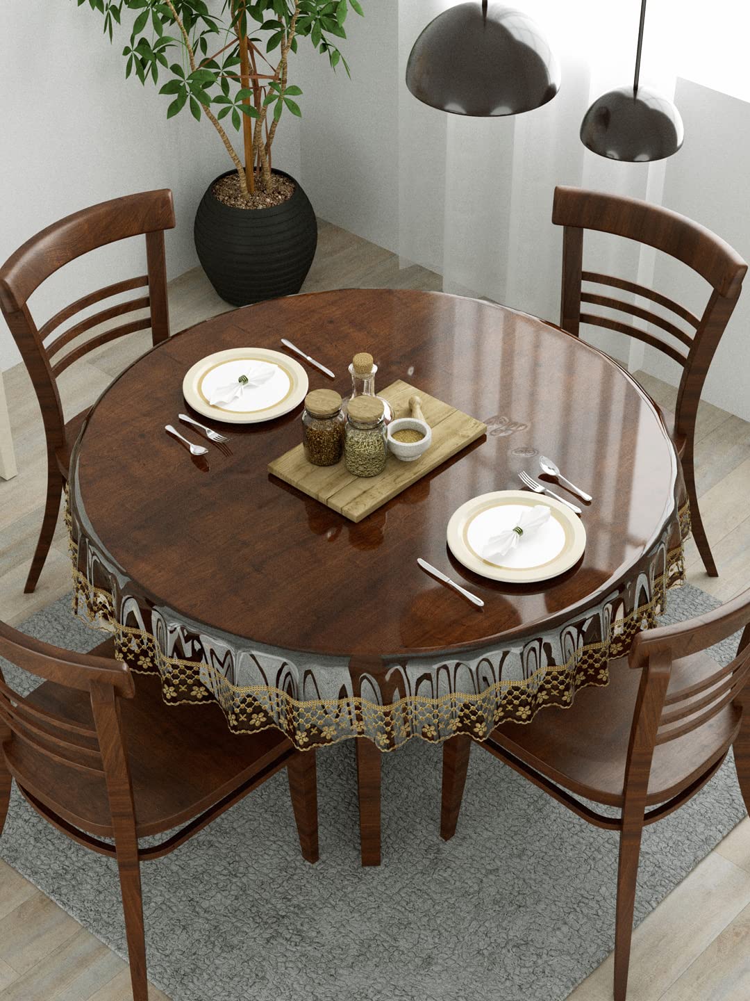 Clasiko 4 Seater Dining Table Cover; 60x60 Inches; Material - PVC; Shape - Round; Pack of 1; Anti Slip; Golden Lace-image-1