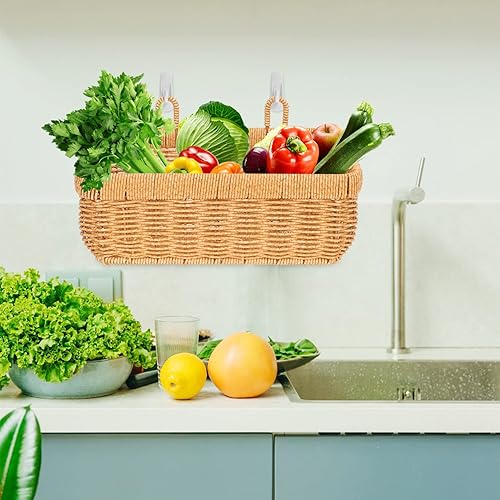 Miniatura 6 de Cabilock Cesta de almacenamiento de ratán para colgar en la pared, cesta de cebolla, cesta tejida de mimbre, cesta de almacenamiento de frutas y