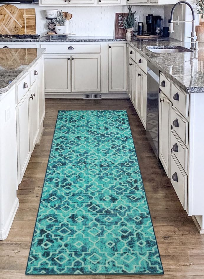 Moroccan Runner Rug,2'X 6' Distressed Washable Area Hallway Runner Rug Tea Green Non-Slip Kitchen Mat Faux Wool Low-Pile Floor Carpet for Kitchen Laundry Bedroom Bathroom Living Room