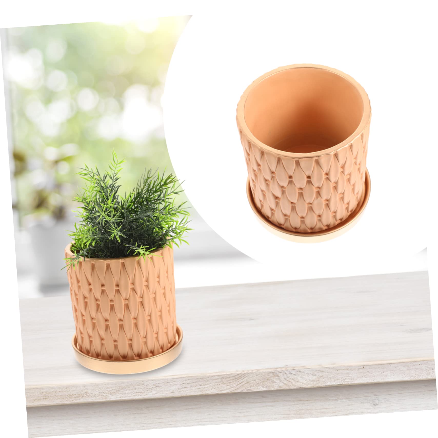 BESTonZON Pot de Fleurs en Ciment Orange avec Plateau, Léger Style Européen Simple, Jardinière Ronde Imitation Tressage pour Plantation Intérieure et Jardinage