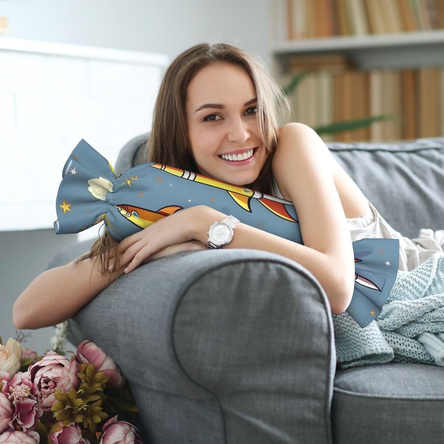 Cartoon Rocket Print Candy Cylindrical Comfortable Pillow Throw Pillows Home Decor Easy Maintenance
