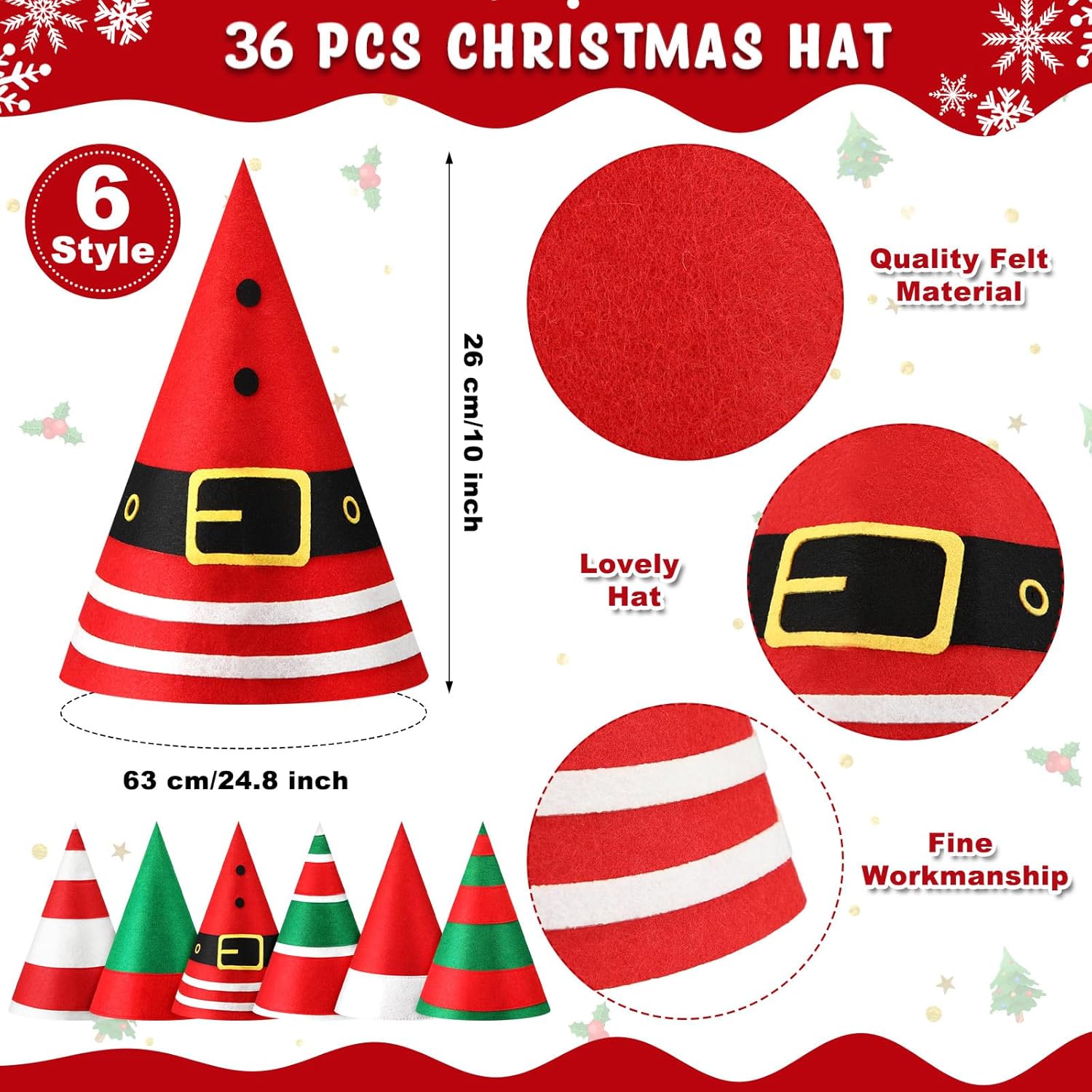 Toulite Christmas Elf Hat Elf Costume Accessories Felt Santa Hat for Men Women Xmas Holiday Party Supplies