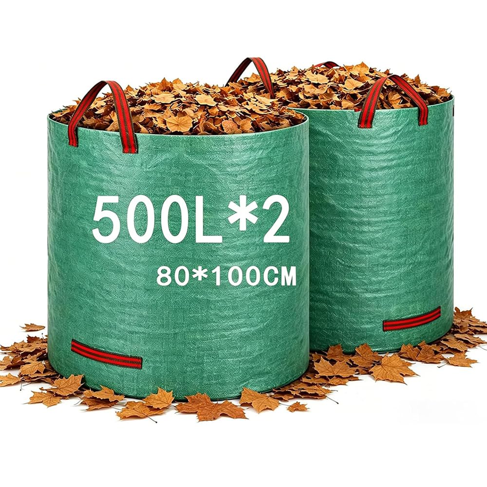 Oimaik Garden Waste Bags 500L 2Packs, Reusable Heavy Duty Garden Sacks With Handles, Builders Bags Refuse Rubbish Bag, Waterproof Large Garden Bags For Collecting Plant Leaf Trash Debris And Yard Waste