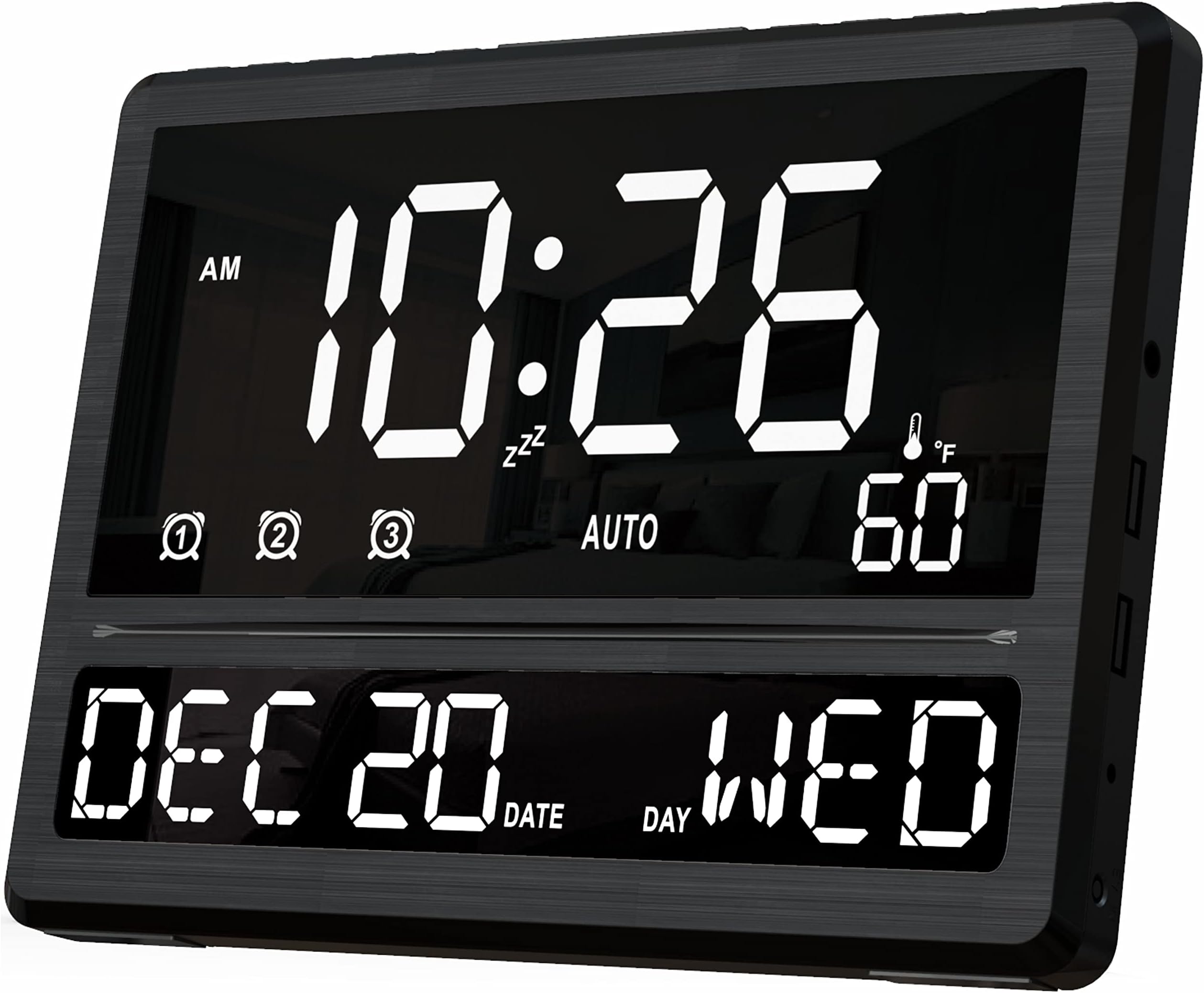 Large Digital Clock, 10.5" LED Dimmable Wall Clock, Desk Clock with Day and Date, 3 Alarms with 2 USB Chargers, Temperature, 12/24H, DST, Shelf Stand Wall Mounted for Home, Office, Elderly.
