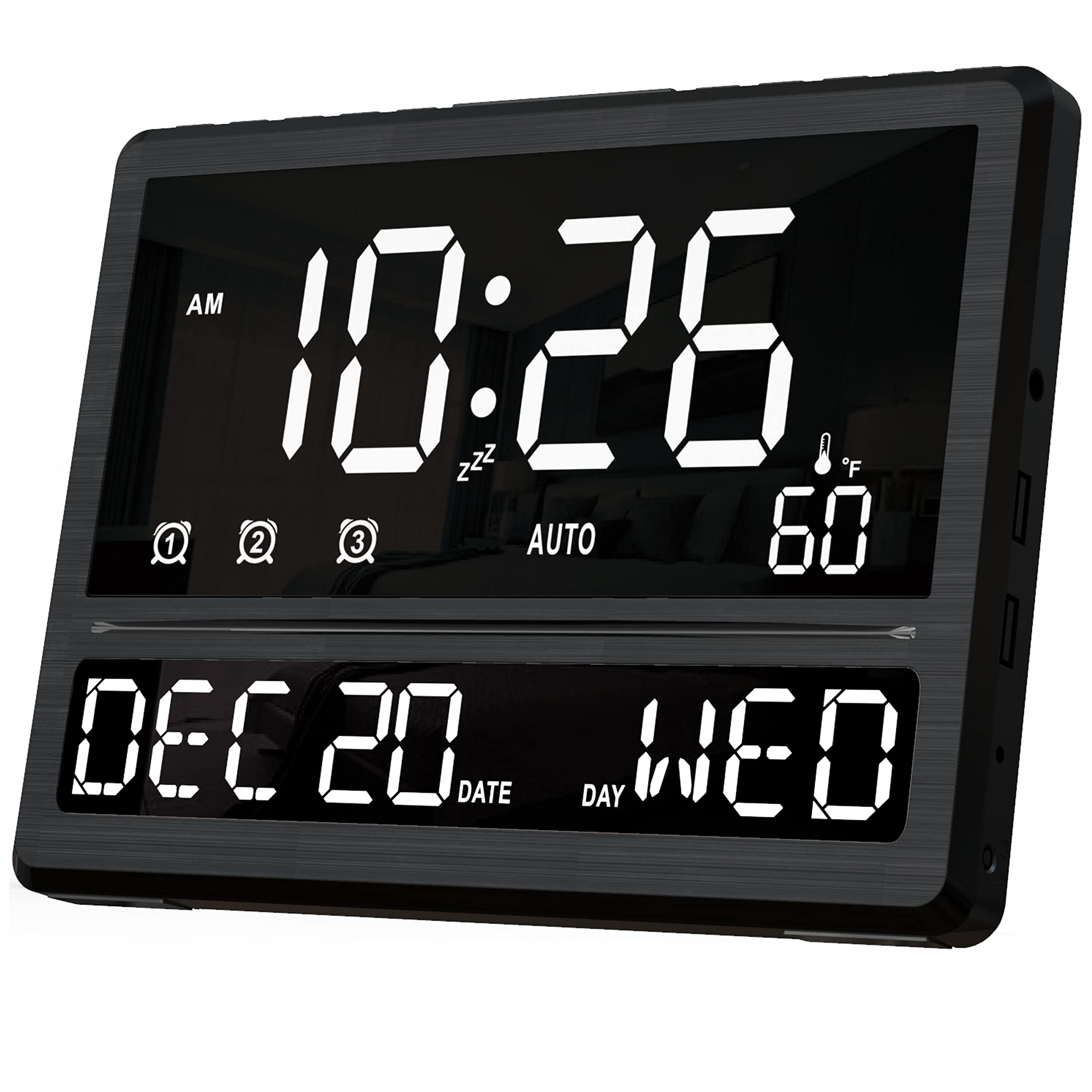 Large Digital Clock, 10.5" LED Dimmable Wall Clock, Desk Clock with Day and Date, 3 Alarms with 2 USB Chargers, Temperature, 12/24H, DST, Shelf Stand Wall Mounted for Home, Office, Elderly.