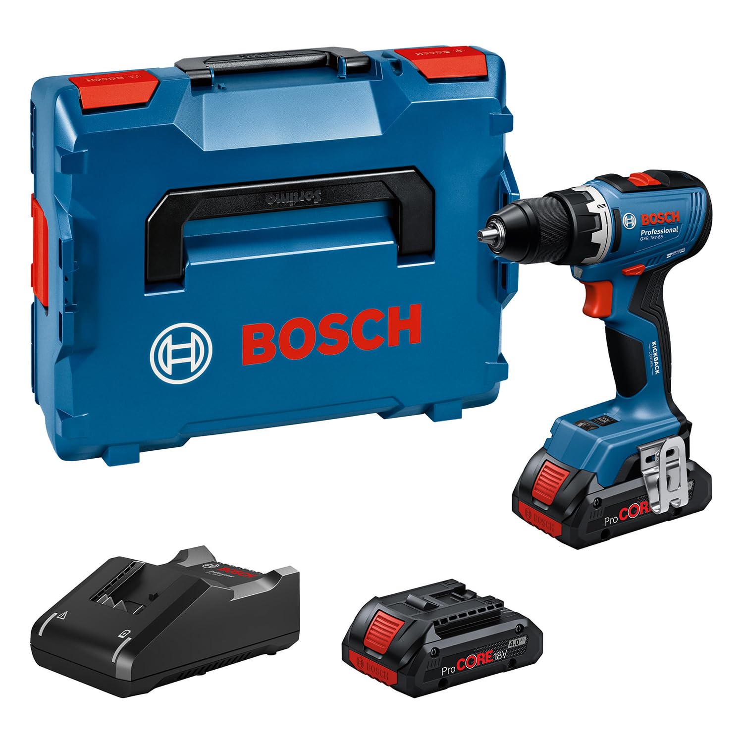Bosch Professional 18 V firmy Bosch: wiertarko-wkrętarka akumulatorowa GSR 18V-65 (silnik bezszczotkowy, długość korpusu 166 mm, 2x ProCORE18V 4.0Ah, walizka L-BOXX)