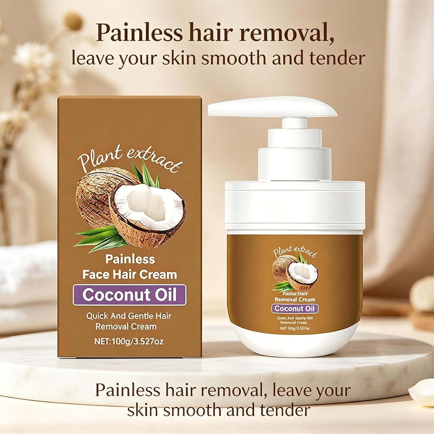 Coconut Hair Removal Cream, Coconut Oil Facial Hair Removal Cream for Women, Plant Extract Coconut Oil Hair Remover, Painless Face Hair Cream for Upper Lip Chin, Suitable for Sensitive Skin (2pcs)