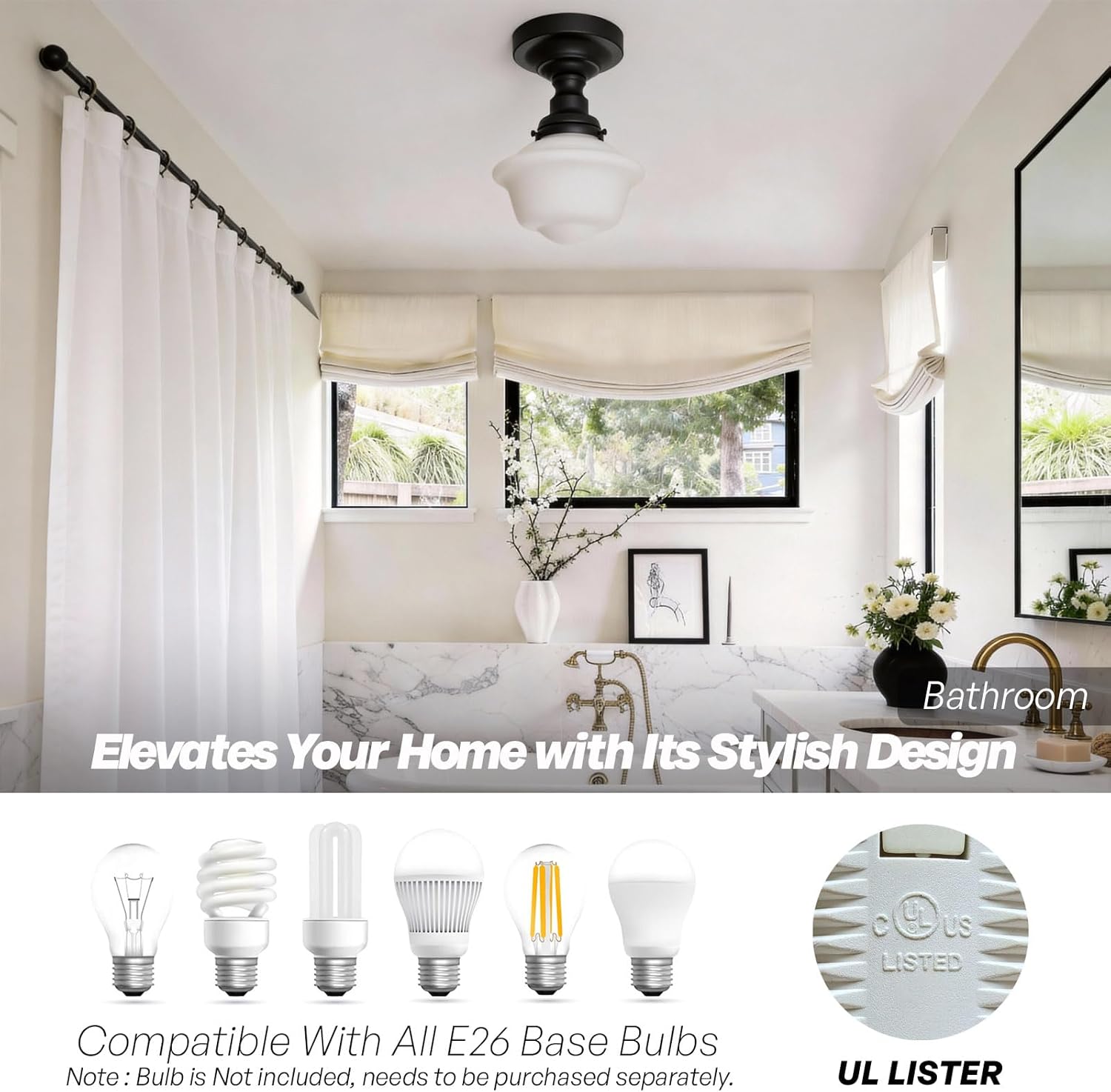 Schoolhouse Semi Flush Mount Ceiling Light,Black Close to Ceiling Light Fixtures with Milky White Glass Modern Farmhouse Hallway Ceiling Lamp for Laundry Kitchen Entryway Bathroom E26