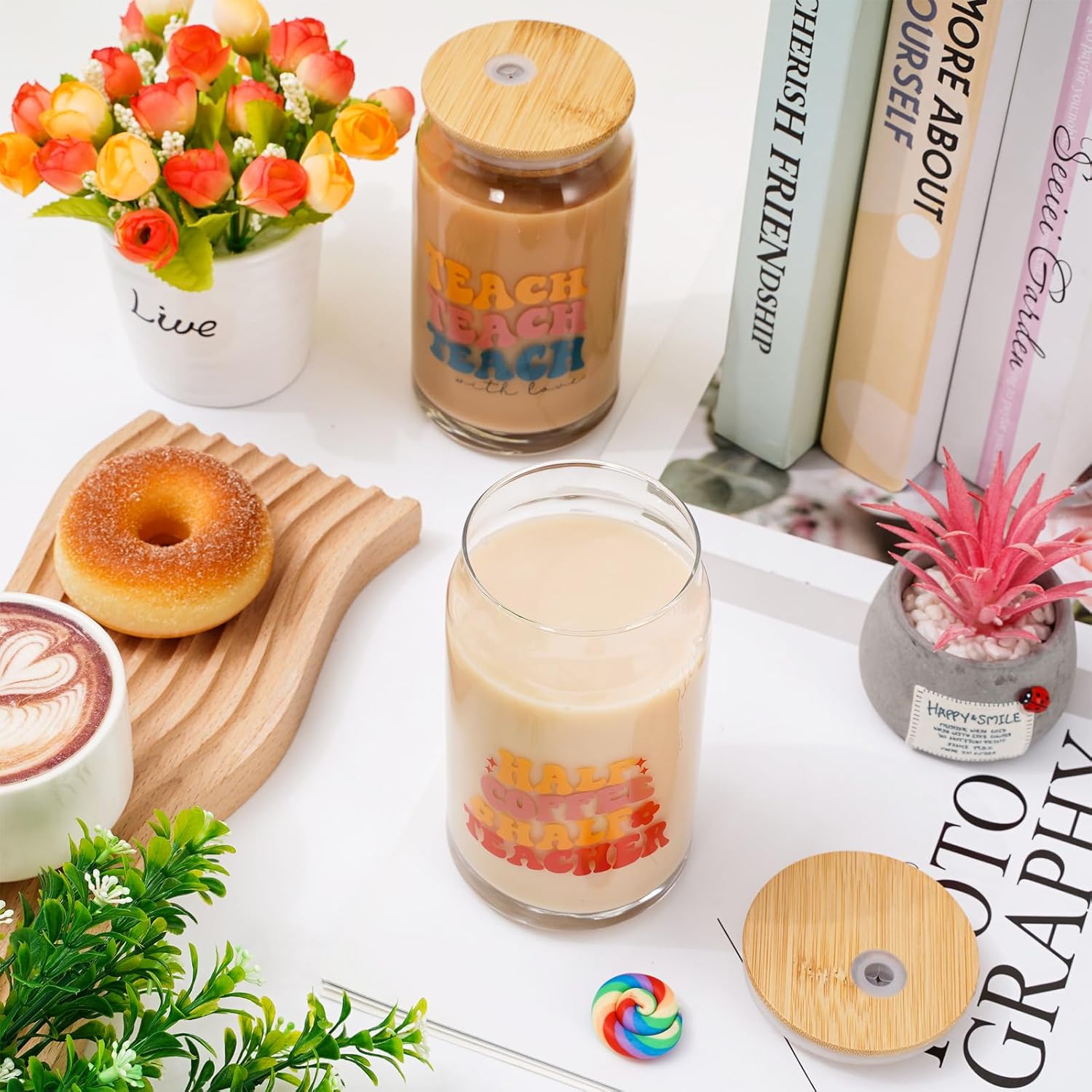 Whaline 6 Pack Teacher Drinking Glasses Boho Rainbow Flower Ice Coffee Cup Colorful Beer Glass Can for Cocktail Whiskey Beer Soda, Gifts for Teacher, 16 Oz