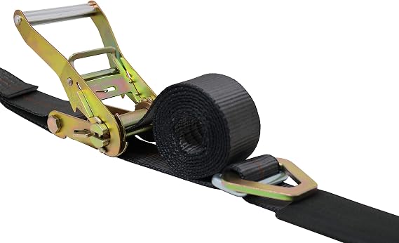 CustomTieDowns 2 Inch x 8 Foot Ratchet Strap with Built in Axle Strap, Flat Hook On Fixed End Strap, Twisted Snap Hook and Adjustable D-Ring On End of Adjustable Strap. (Black)