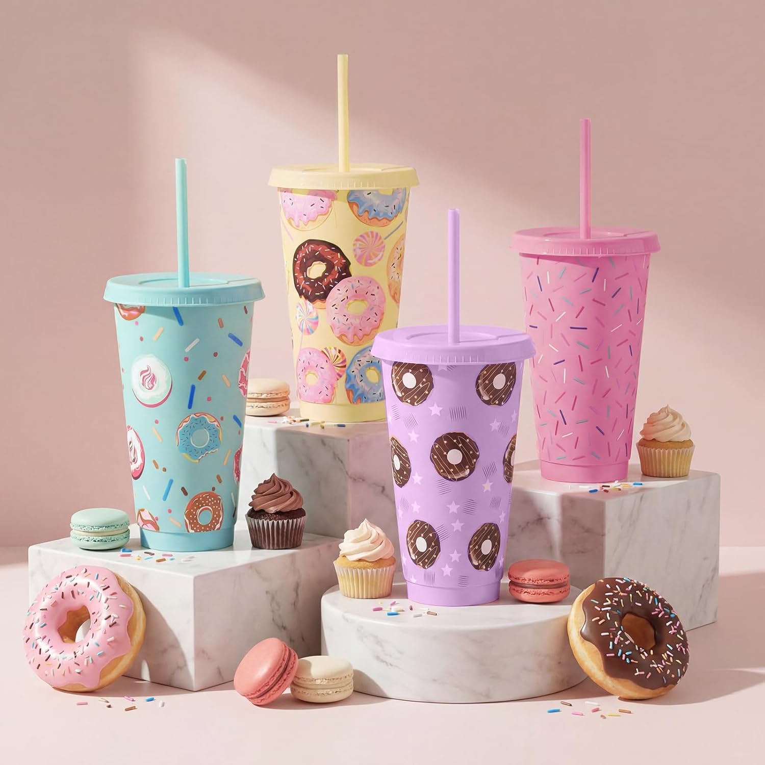 FoldTier 12 Pack Donut Gift Cups Bulk for Doughnut Party Favors 24 oz Donut Plastic Tumbler Cups with Lids and Straws for Grow up Birthday Party Baby Shower Summer Holiday Decoration Supplies