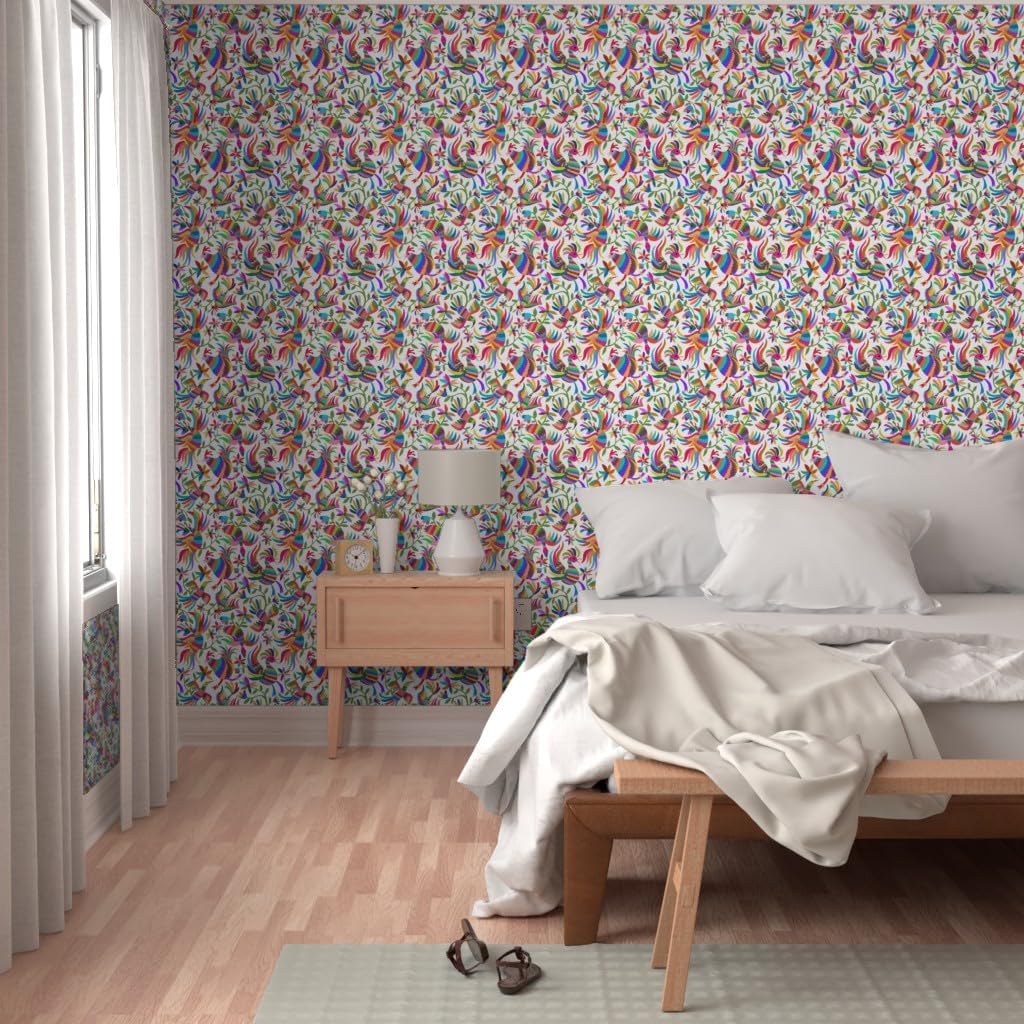 Peel & Stick Wallpaper Swatch - Flying Otomi Birds Mexican Folk Art Chicken Fiesta Animals Air Custom Removable Wallpaper by Spoonflower