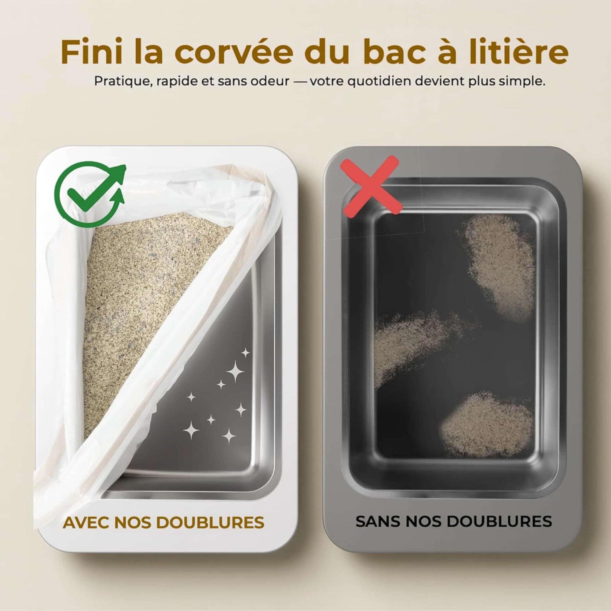 60x Sac Litière Chat XL de protection pour bac à litière avec Cordons de Serrage - Pack Économique Annuel - Hygiéniques, Résistants & Anti-Odeurs