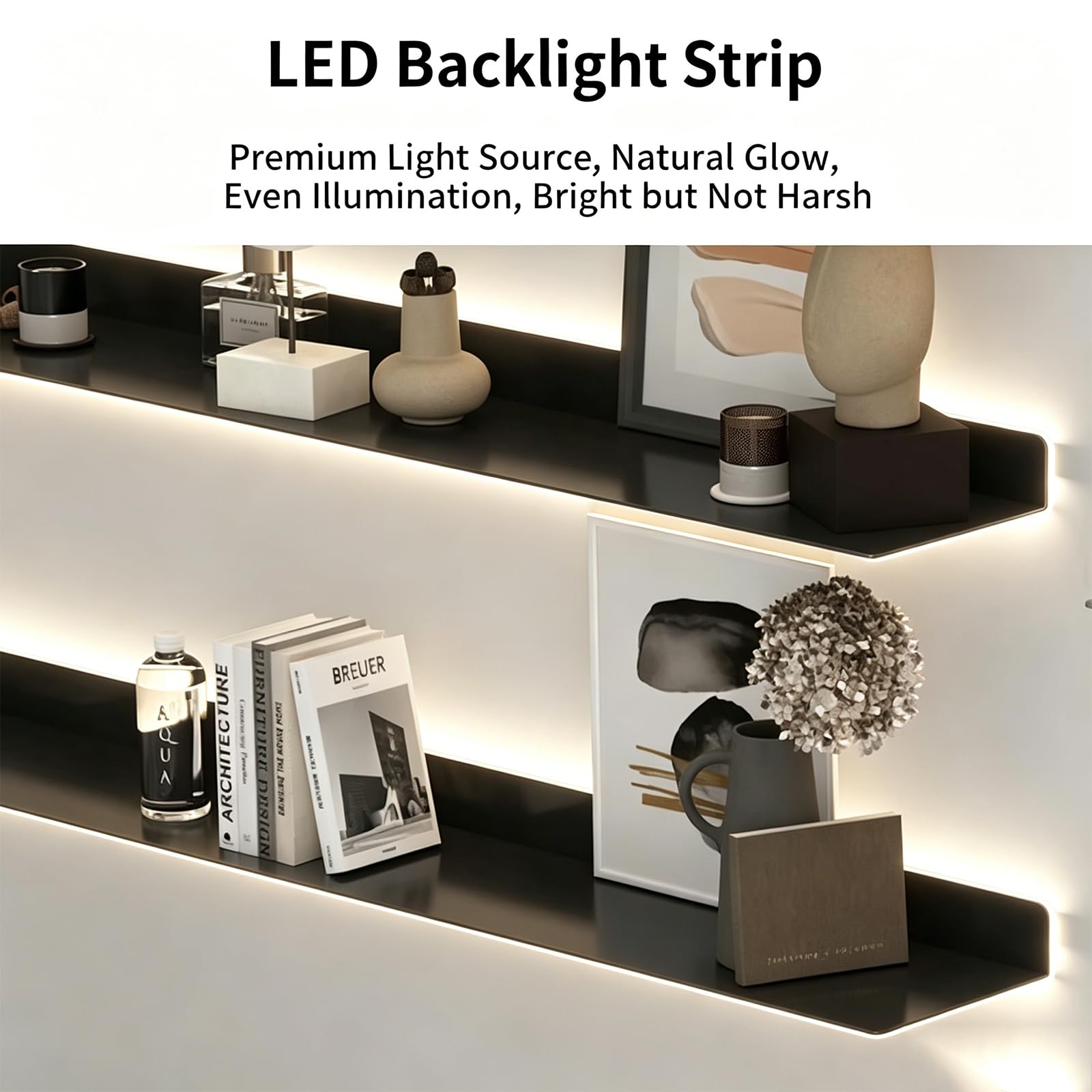 Estantes Flotantes Metálicos De Pared con Luces Led, Gran Capacidad De Carga para Sala De Estar, Cocina Y Baño, Estante Expositor con Iluminación Led Integrada (Negro, 80 Cm).