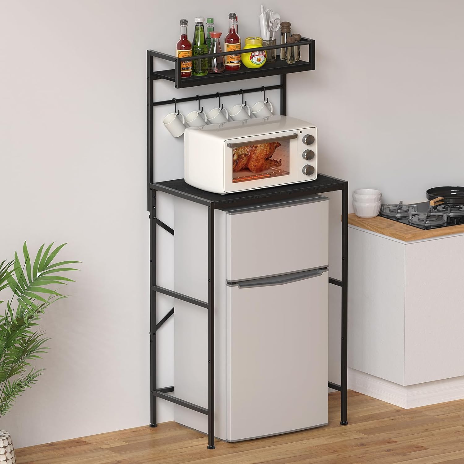 Mini Fridge Shelf with Storage, 2-Tier Microwave Stand, Coffee Bar Station, Bakers Rack with Storage with 5 Hooks for Kitchen Living Room, Offices, Dorm, Black